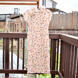 Orange Green Flora Midi Qipao - Chinese Dress Cheongsam